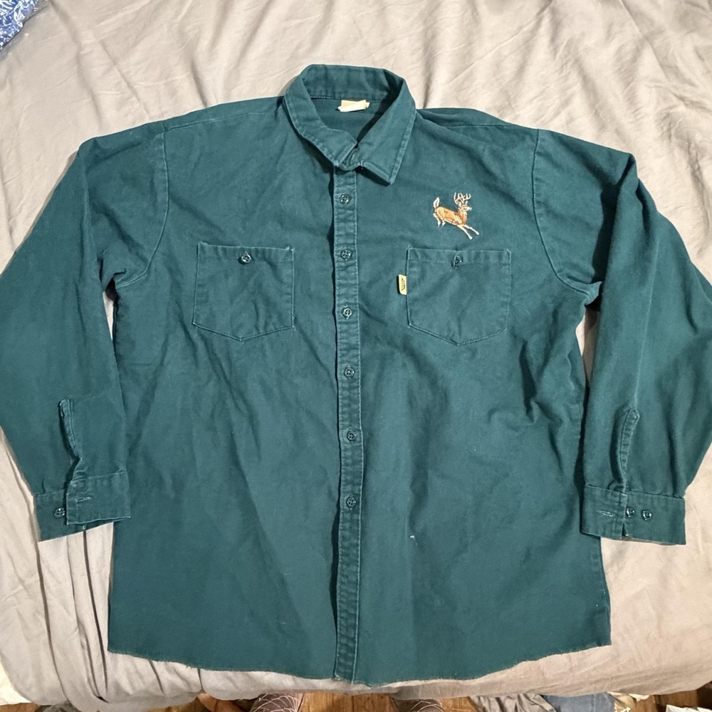Ideal Shirt Mens XL Green Long Sleeve Button Up Embroidered Deer Hunting Casual